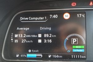 Nissan Leaf dashboard with odometer displaying 11111 km.